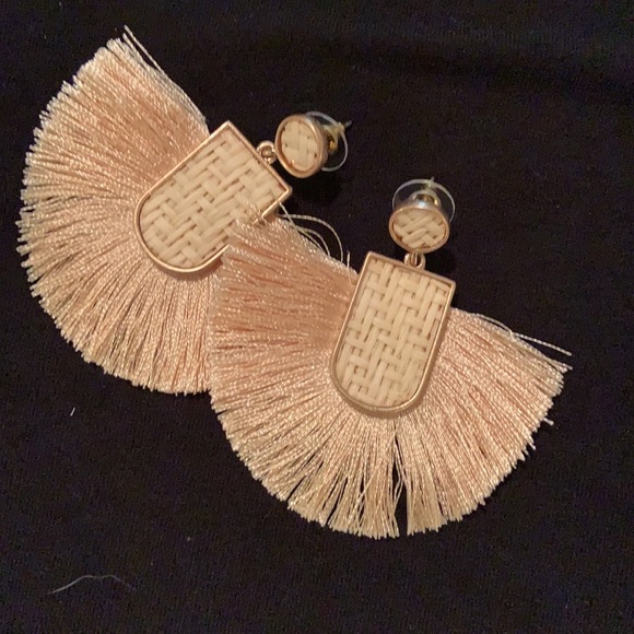 15. Earrings:  tan colored tassels with woven detail - Picture 1 of 11